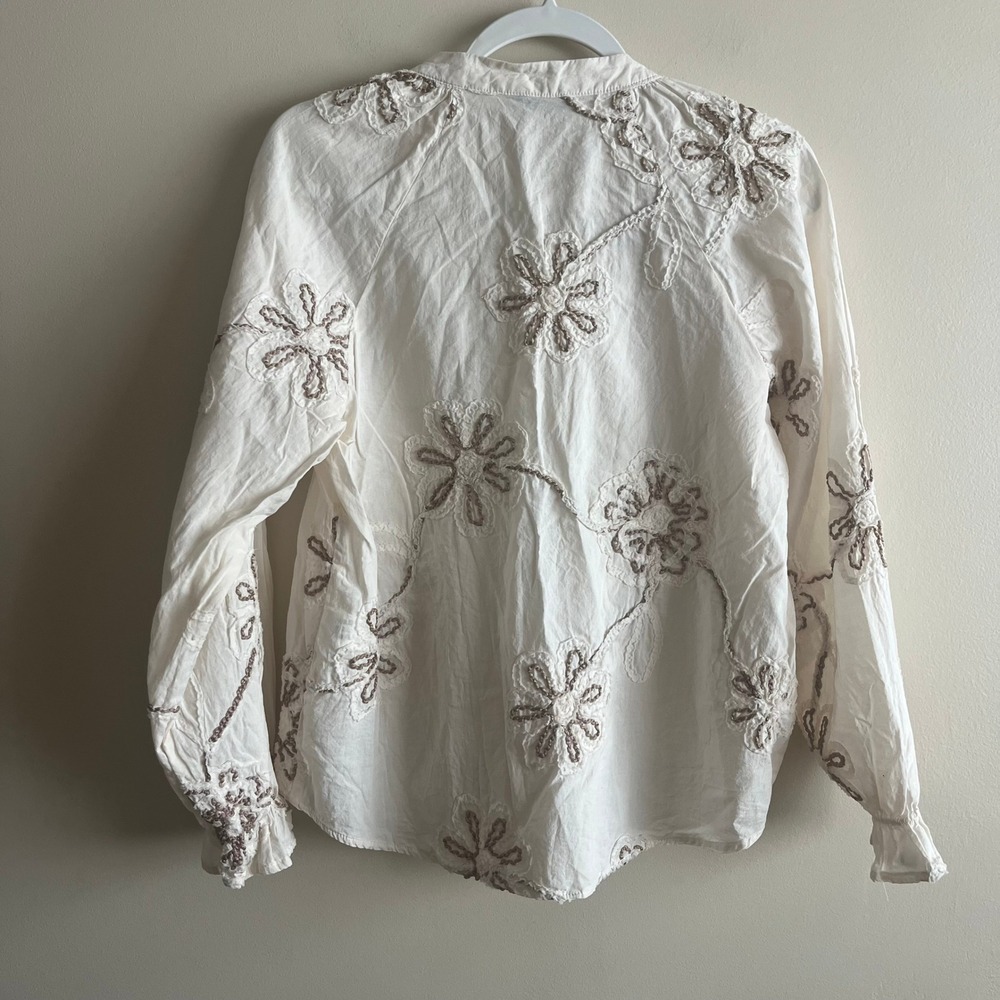 Zara Embroidered Floral Peasant Blouse Size S Boho Balloon Sleeve Tassel Tie - Picture 3 of 7